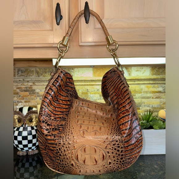 Brahmin Leather Croc Embossed Brown Shoulder Purse Bag - Picture 6 of 7